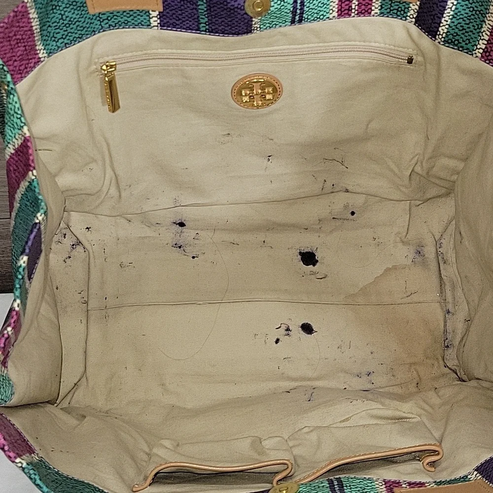 Tory Burch Ella Purple and Green Striped Tote Bag